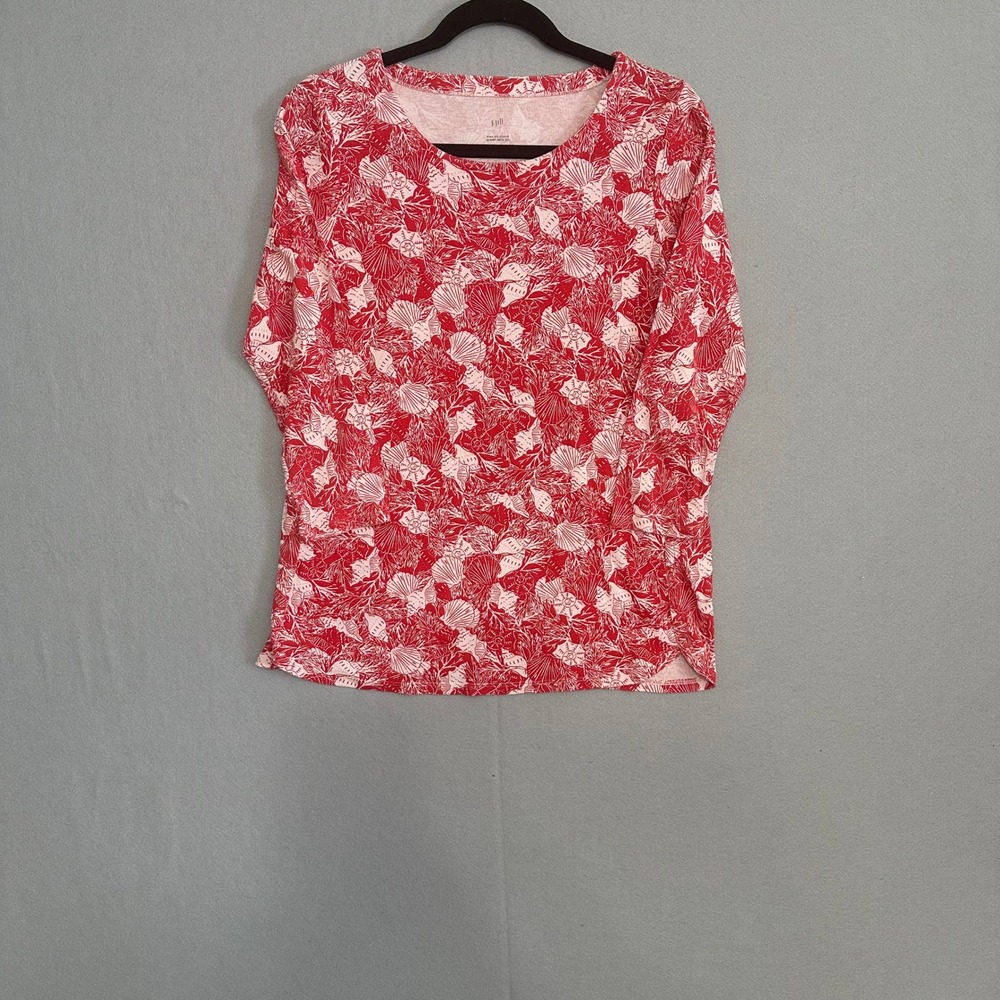 J. Jill Red White Seashell Pima Cotton 3/4‎ Sleeve Scoop Neck Tee XS